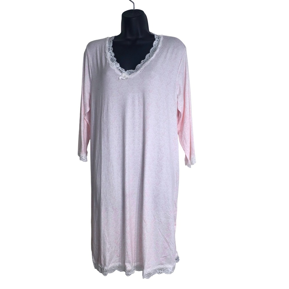 Rene Rofe Womens Damask Lace Trim Nightgown V-Neck 3/4 Sleeve Size Large